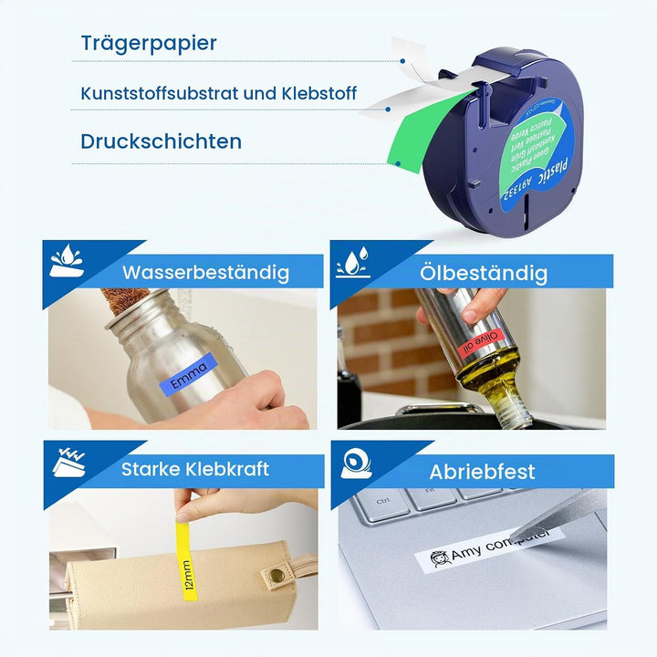 6er Pack Etikettenband Kompatibel mit DYMO Letratag Etikettenband Plastik 12mm x 4m Kompatibel mit L