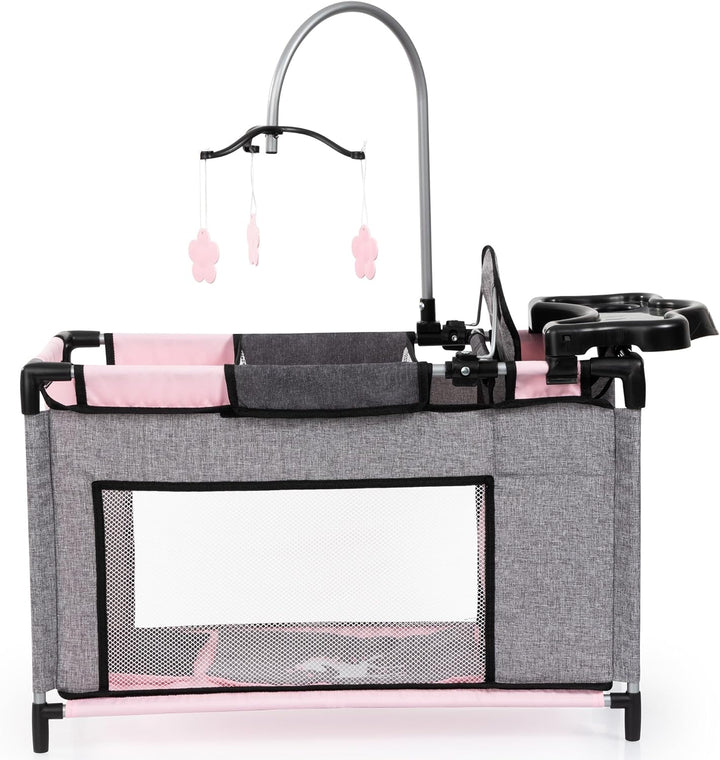 Bayer Design 62633AB Puppenbett mit Schrank, Sitz, Mobile, Ablage, Bettdecke, Kissen, Jeans-grau, ro