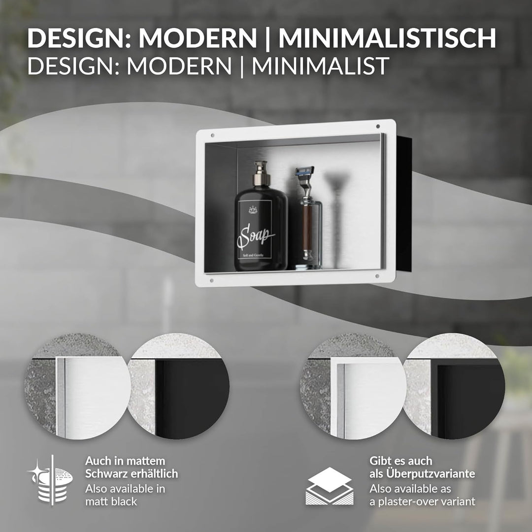 LuxeBath Wandnische aus Edelstahl, 20x30x10 cm, Silber, Duschnische, Randlos, Einbauregal, Flexibler
