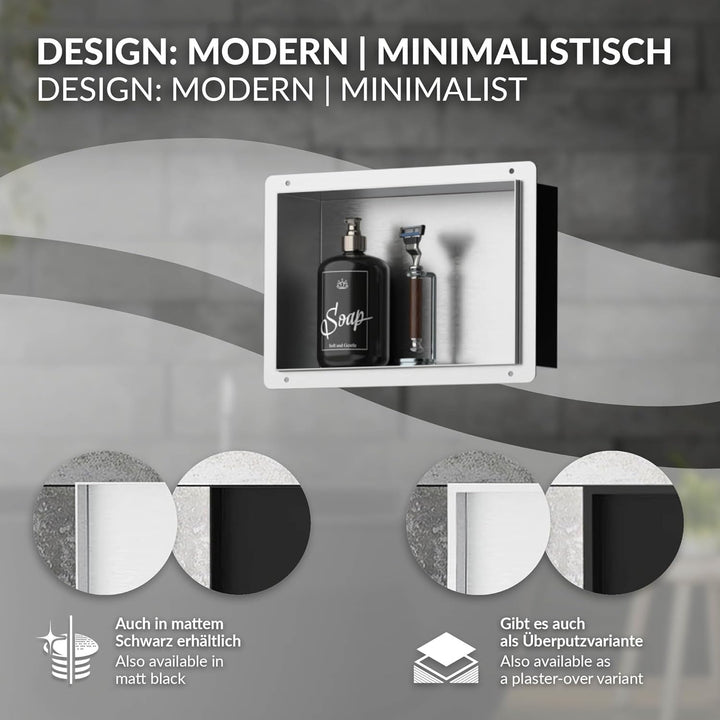 LuxeBath Wandnische aus Edelstahl, 20x30x10 cm, Silber, Duschnische, Randlos, Einbauregal, Flexibler