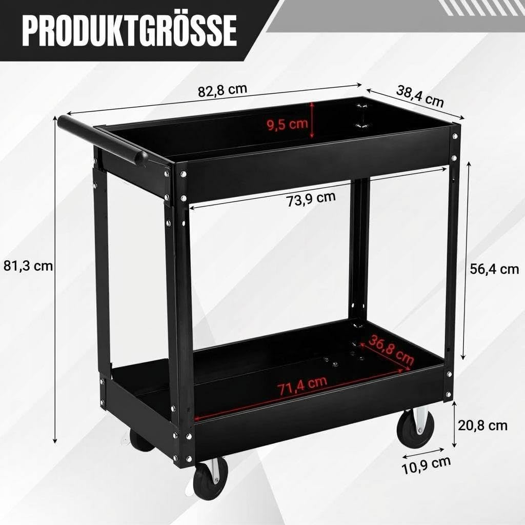Werkzeugwagen Rollbar 2 Ebenen, Bis 150 kg Belastbar, Metall Werkstattwagen Mit Rollen, Schwerlast S