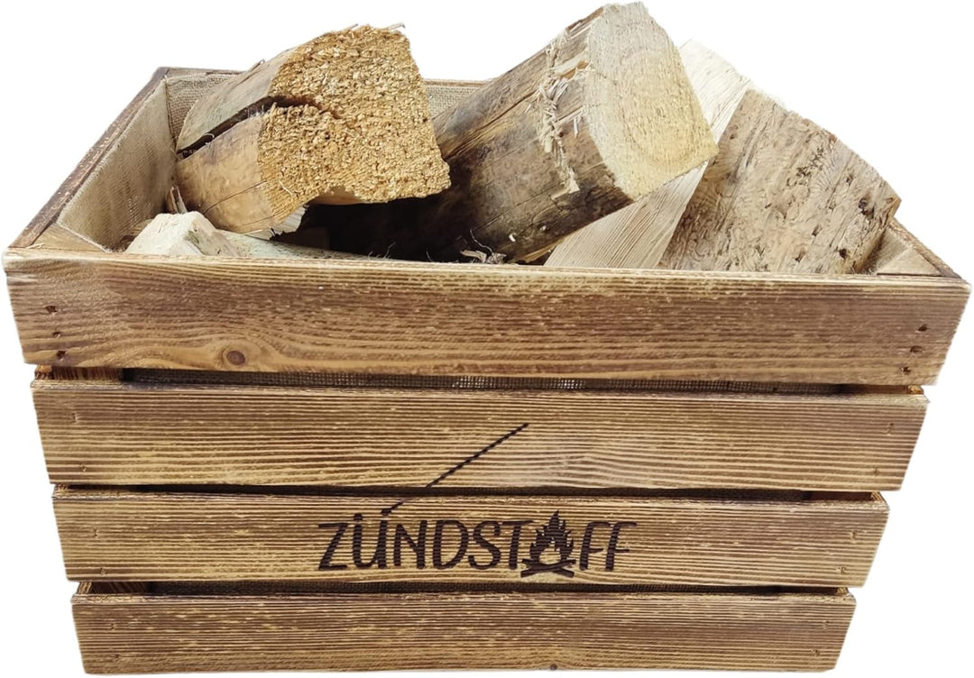 Rustikale KAMINHOLZKISTE mit Griffen"Zündstoff" Kaminholzkorb aus Holz Brennholzträger Vintage Kiste
