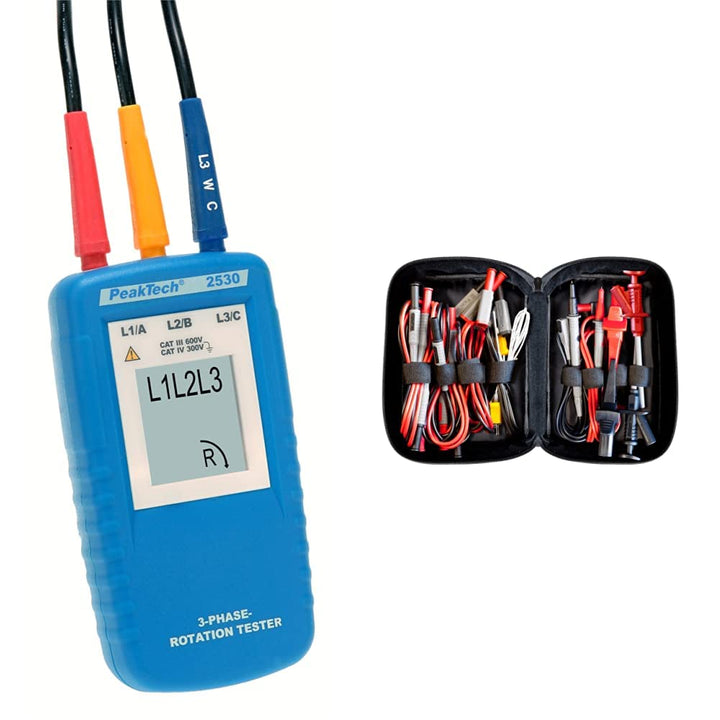 PeakTech 2530, 3-Phasen-Drehrichtungsanzeiger & Peak Tech P 8200 – Messzubehör Set für Digital Multi