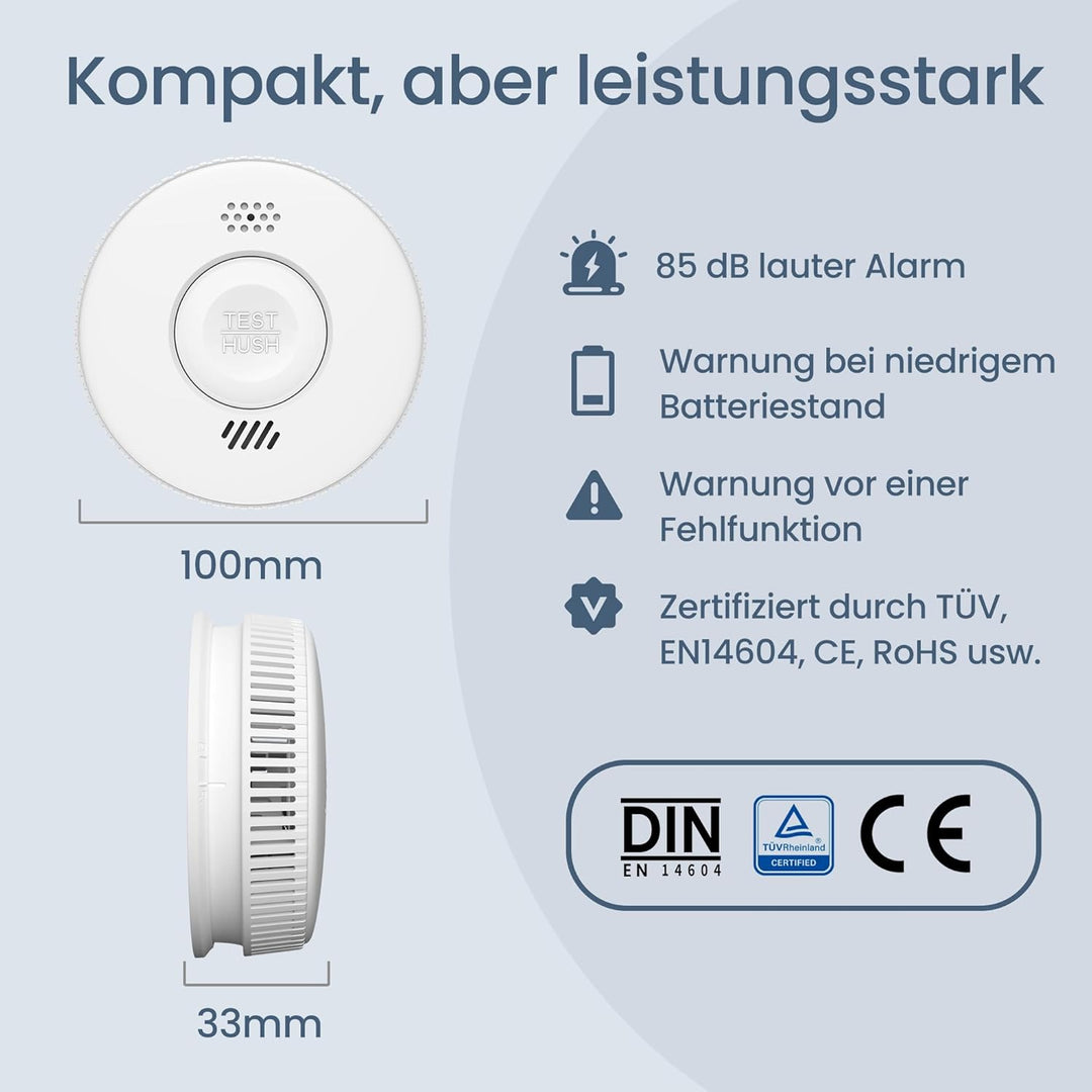 Rauchmelder 10 Jahre Batterie, HATHEPHS Photoelektrischer Feuermelder Brandmelder mit Klebepads, Rau
