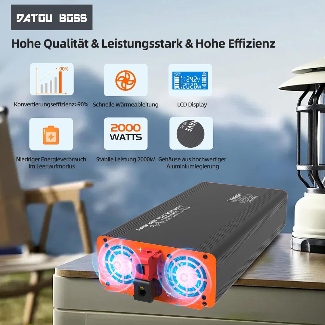 DATOUBOSS 2000W Reiner Sinus Wechselrichter 24V auf 230V (4000W Peak), Spannungswandler mit Funkfern