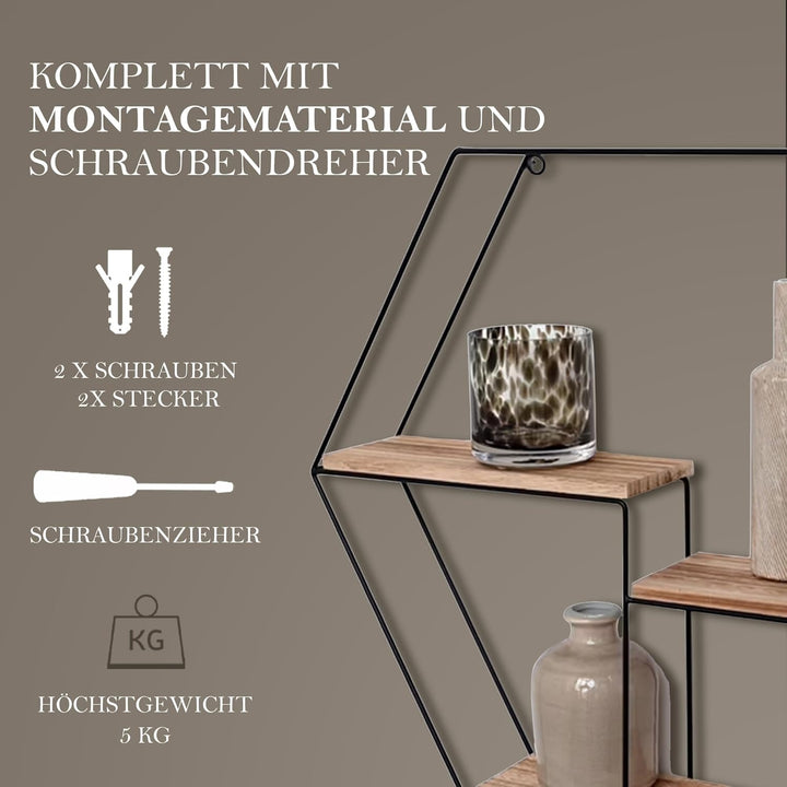 Vivol Metall Wandregal Schwarz mit 3 Holzböden - Sechseck - 48x55x10 cm - Hängend Metallregal - Wand