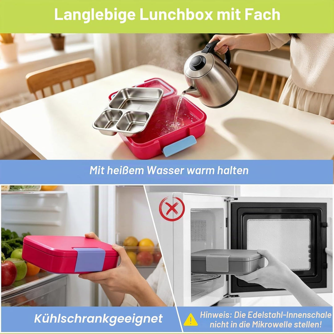 Brotdose Edelstahl-Lunchbox 1100ml 3 Fächern Rosenrot | Für Kinder und Erwachsene, Auslaufsicher, Mi