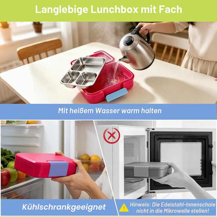 Brotdose Edelstahl-Lunchbox 1100ml 3 Fächern Rosenrot | Für Kinder und Erwachsene, Auslaufsicher, Mi