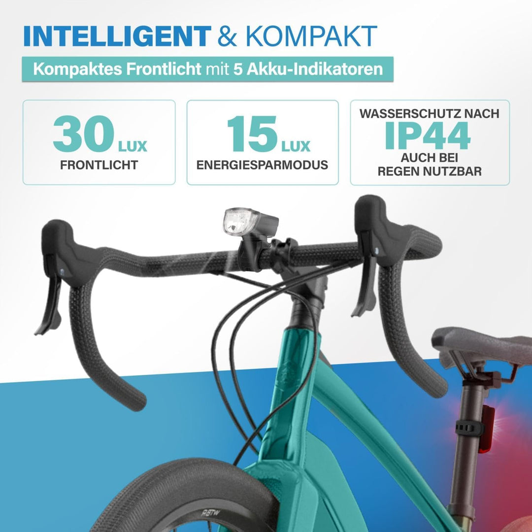 FISCHER Fahrrad-Beleuchtungsset 30/15 Lux, Akku-Leuchtenset TWIN, Front- und 360° Rückleuchte, mit A