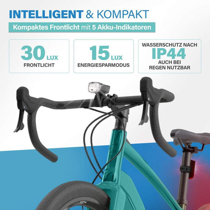 FISCHER Fahrrad-Beleuchtungsset 30/15 Lux, Akku-Leuchtenset TWIN, Front- und 360° Rückleuchte, mit A