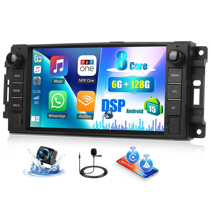 CAMECHO 6+128G Android 15 Navi Autoradio für Jeep Wrangler Ram JK Dodge Challenger mit Rückfahrkamer