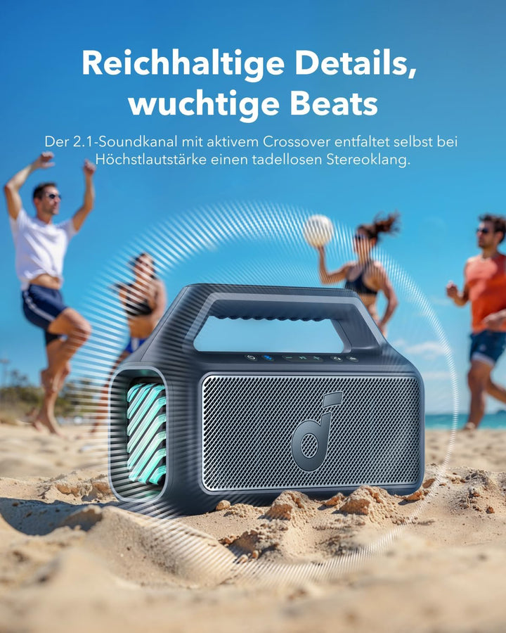 soundcore by Anker, Boom 2 Outdoor-Lautsprecher, 80W, Subwoofer, BassUp 2.0, 24h Akku, IPX7 Wasserdi