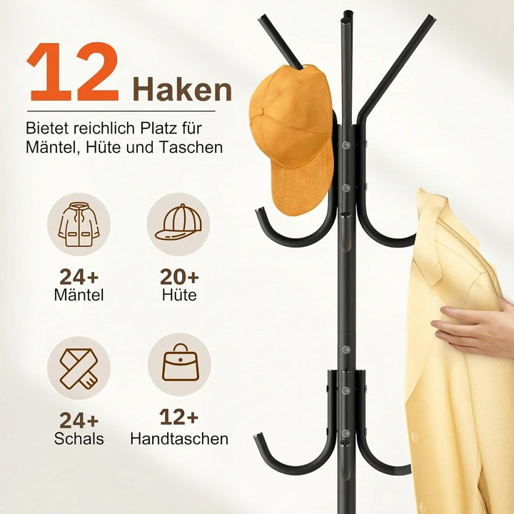 MISSLO Stabil Garderobenständer mit Stabilem Holzsockel, Stehende Jackenständer mit 12 Haken, Verste