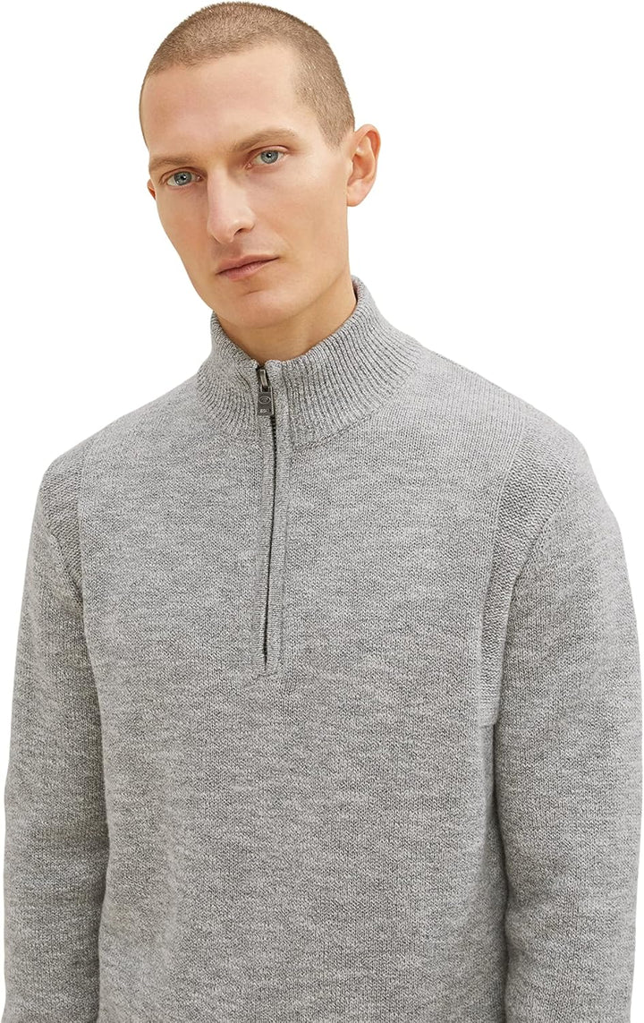 TOM TAILOR Herren Troyer Strickpullover in Melange-Optik L 31010 - Grey White Injected Melange, L 31