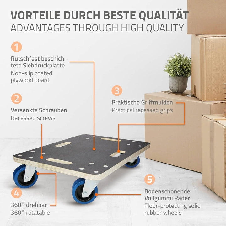 ECD Germany Transportroller 40 x 60 cm bis 800 kg Siebdruckplatte - PP-Räder Rollbrett Möbelroller T