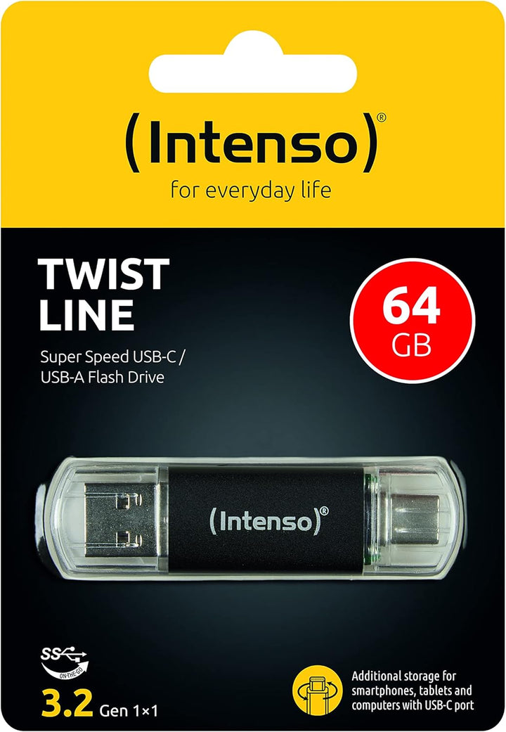 Intenso Twist Line 64 GB, Dual USB-Stick 3.2 Gen 1x1, USB-C und USB-A, 70MB/s, Anthrazit (Packung mi