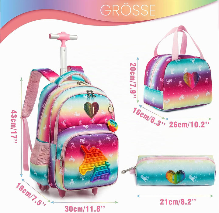 HTgroce Schulranzen Mit Rollen Rollrucksack Schulranzen mit Rollen für Mädchen Pop it Rucksack mit L