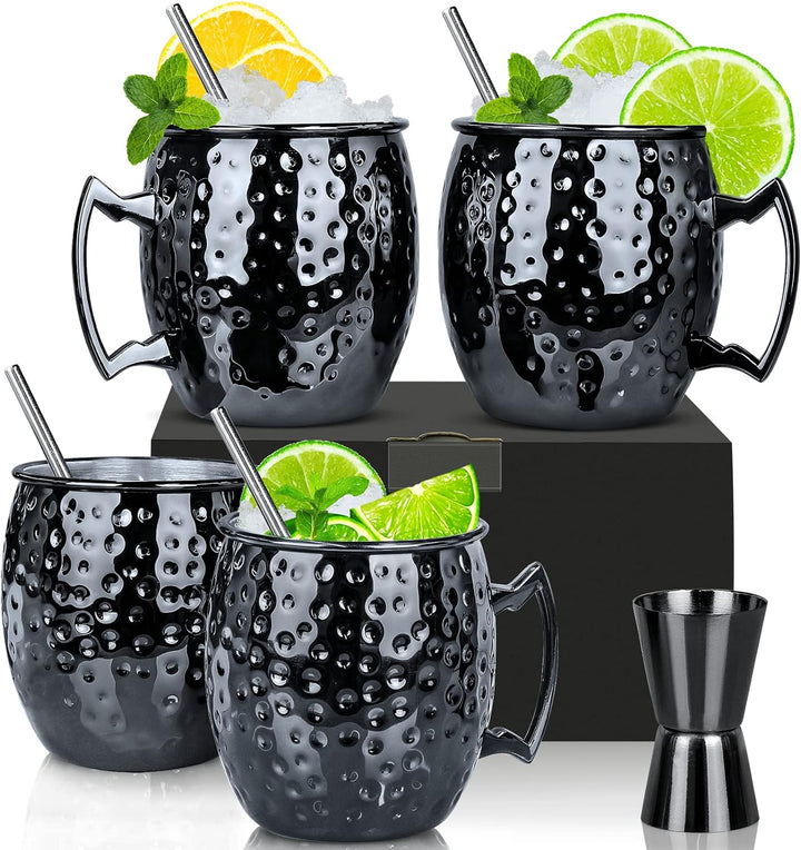 Moscow Mule Becher, Set 4er, Gunmetal schwarz 550ml, Moscow Mule Mug mit 4 Becher, 4 Trinkhalme, 1 M