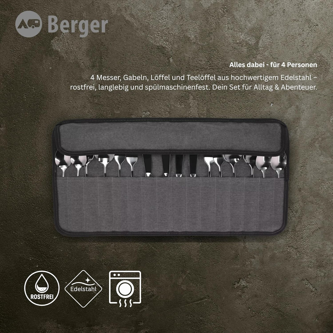 BERGER Besteck-Set Edelstahl 16-tlg. | Campingbesteck für 4 Personen | Inkl. Aufbewahrungstasche | H