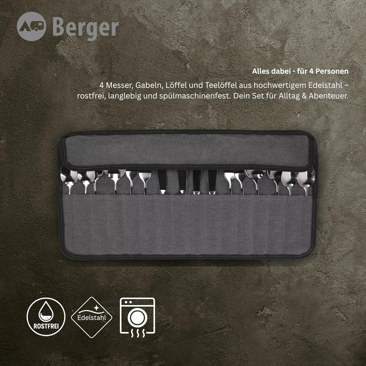 BERGER Besteck-Set Edelstahl 16-tlg. | Campingbesteck für 4 Personen | Inkl. Aufbewahrungstasche | H