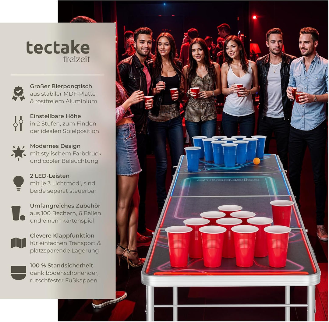tectake® Bierpong Tisch mit Party Deko LED Beleuchtung, Tisch höhenverstellbar, Klapptisch, Set mit