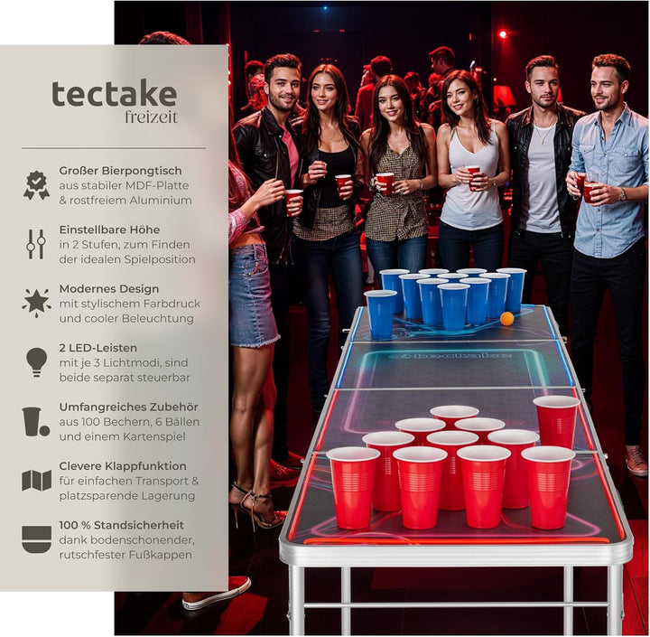 tectake® Bierpong Tisch mit Party Deko LED Beleuchtung, Tisch höhenverstellbar, Klapptisch, Set mit