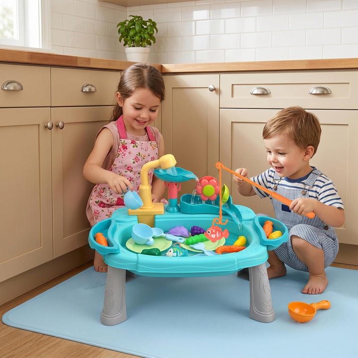 Spielwaschbecken mit fliessendem Wasser, 3-in-1-Spass-Baby-Wassertisch, Waschen und Angeln, Rollensp
