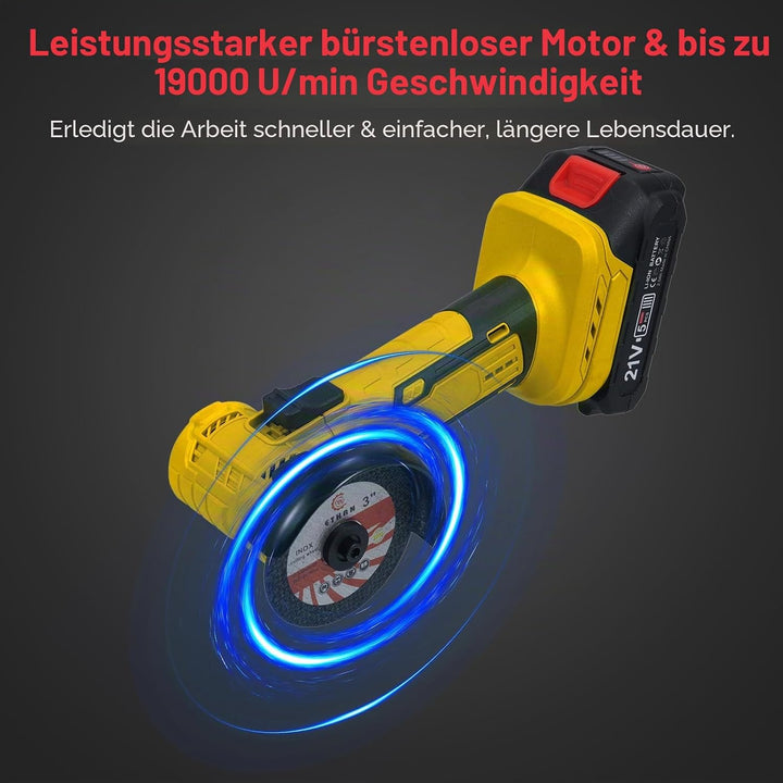 Akku Winkelschleifer, Mini Bürstenloser Winkelschleifer, | 19000 U/min, 2x2000mAh Akkus mit 7 Schlei