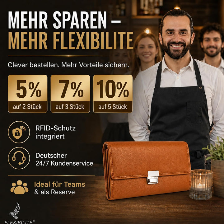 FLEXIBILITE Profi Kellner Geldbörse Profi Wasser Büffel [2025] Echt Leder RFID (18,5 x 9,5 x 4,5cm B