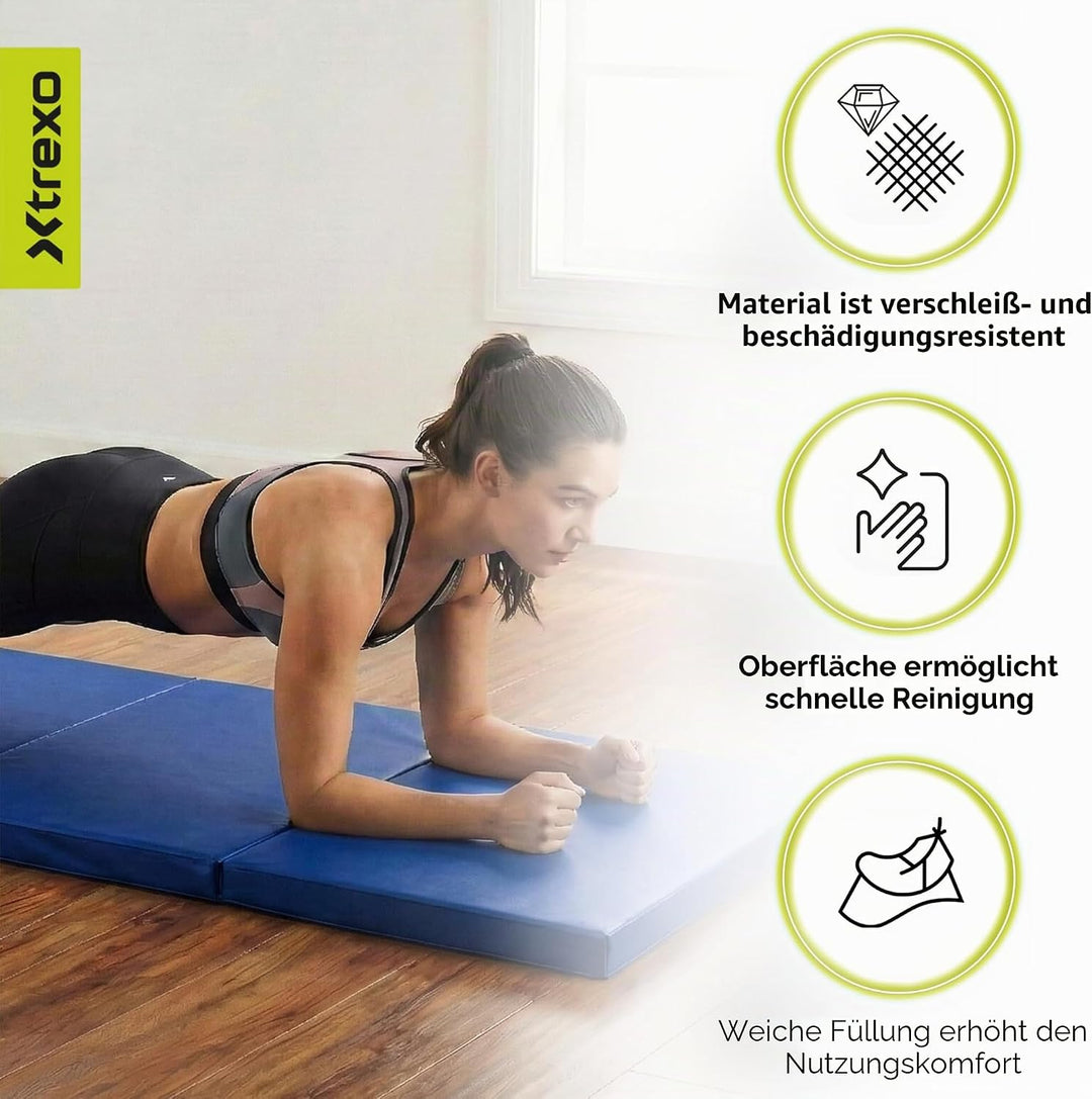 TREXO Faltbare Gymnastikmatratze - 3-teilig, abriebfester Öko-Lederbezug, flexibler PE-Schaum, Trage