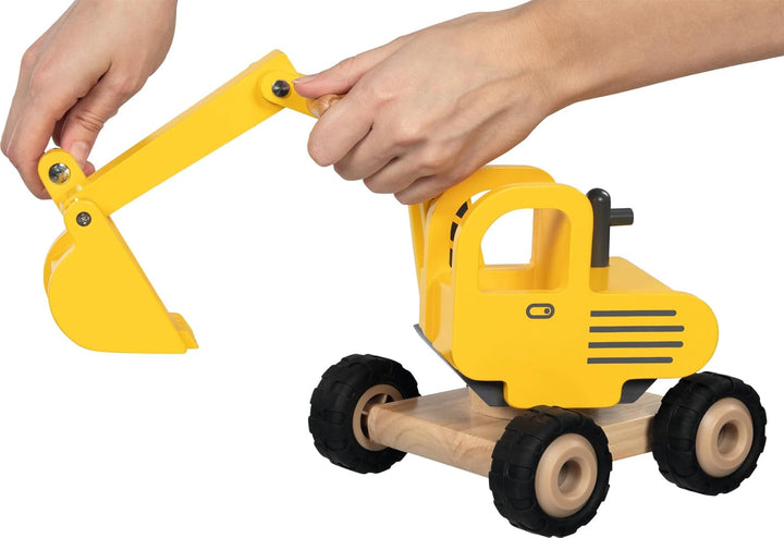 goki 55898 - Bagger aus Massivholz, Robustes Baufahrzeug mit beweglicher Schaufel und Gummireifen, g