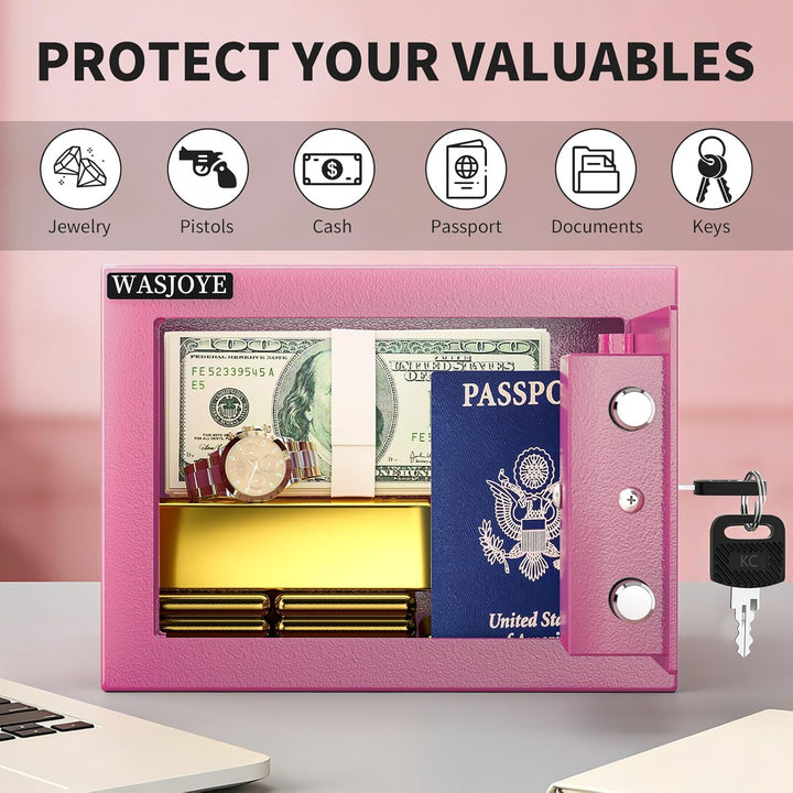 WASJOYE Mini Safe Tresor mit Schlüssel, 23 * 17 * 17cm Mini Tresor mit Schloss für Zuhause/Büro, 6.8