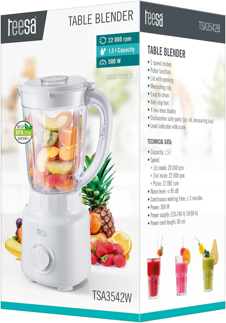Kraftvoller Teesa TSA3542W Standmixer 500W 1,5L BPA-frei, Schwarz, einfache Reinigung, Weiss 37.5 cm
