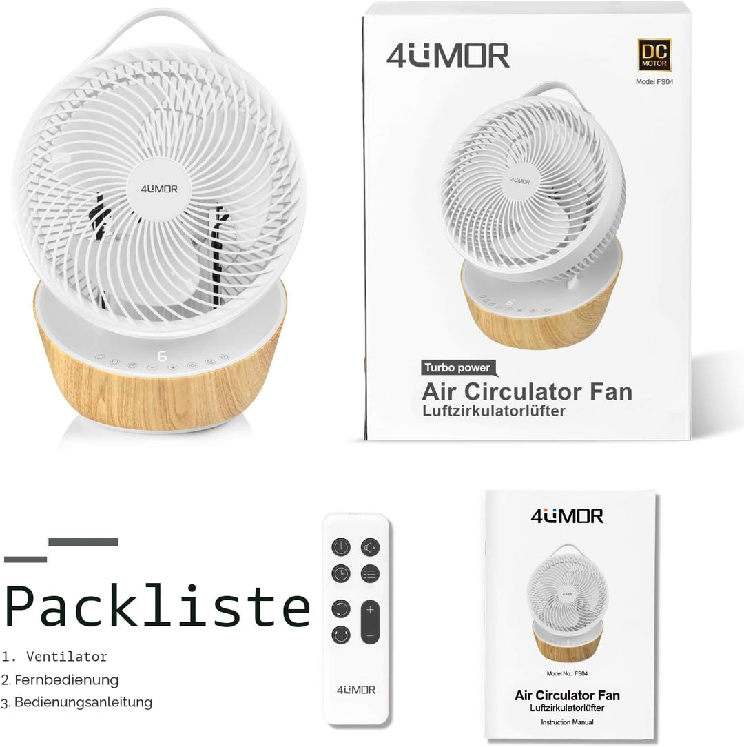 4UMOR Ventilator leise 20dB 7,6m/s Turbo 21W DC Motor 12 Geschwindigkeiten Tischventilator sehr Leis