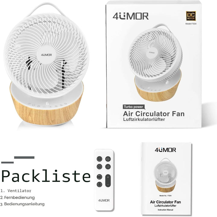 4UMOR Ventilator leise 20dB 7,6m/s Turbo 21W DC Motor 12 Geschwindigkeiten Tischventilator sehr Leis