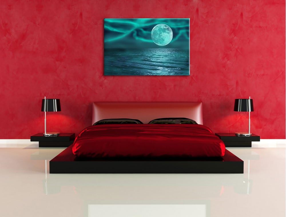 ruhiges Meer mit Vollmond schwarz/weiss Format: 100x70 auf Leinwand, XXL riesige Bilder fertig gerah