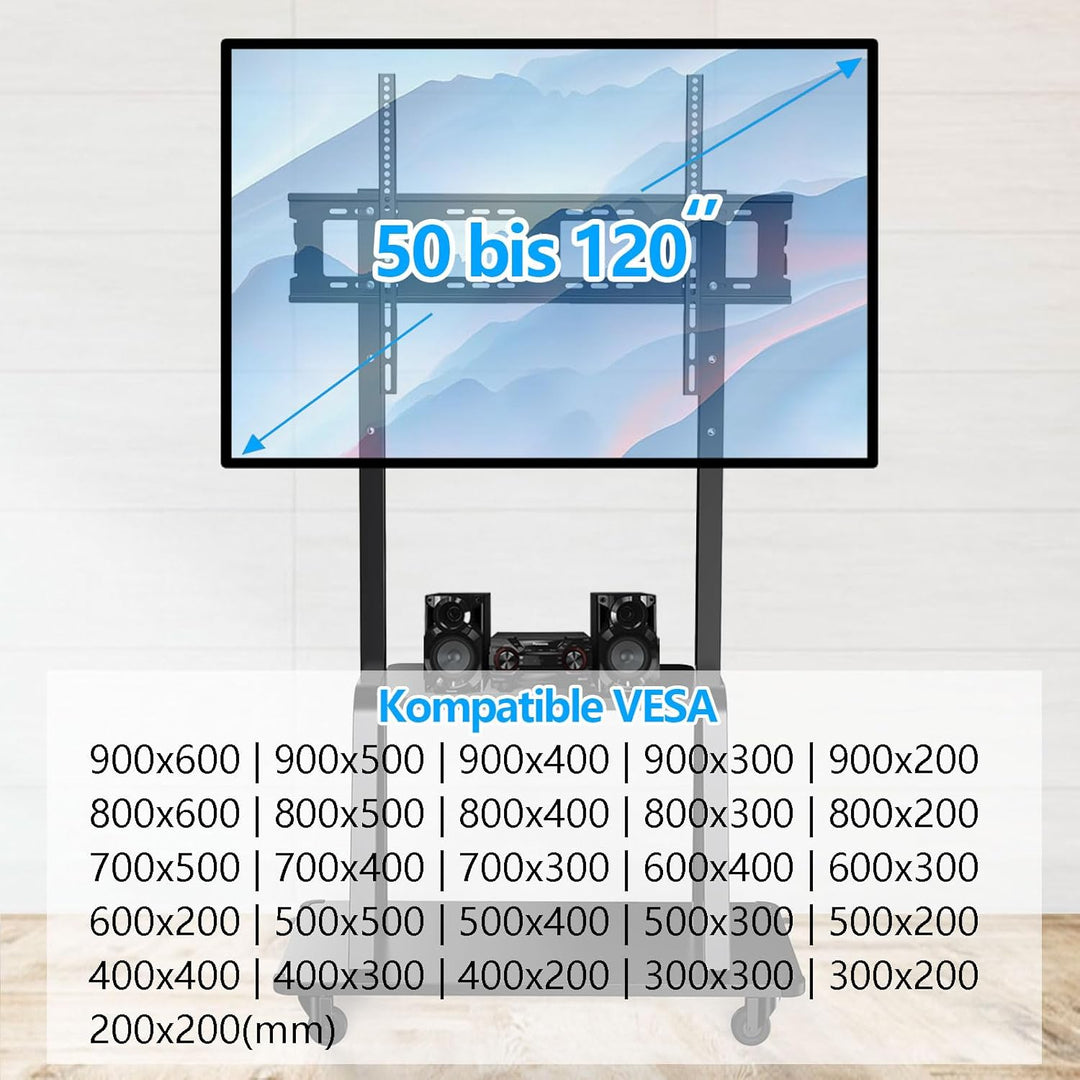 JXMTSPW TV Ständer Rollbar für 32-120 Zoll Fernseher, TV Wagen mit Tablett, Fernsehständer Höhenvers