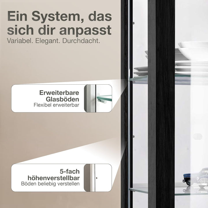 Hängevitrine in Schwarz (80x60x25 cm) mit 2 höhenverstellbaren Glasböden, Spiegel & LED - Modellauto