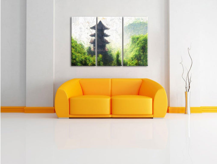 Pixxprint chinesische Häuser Kunst / 3-Teilig/Gesamtmass 120cm Leinwandbild bespannt auf Holzrahmen/