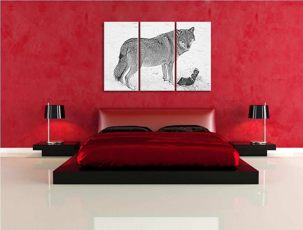 prächtiger Wolf im Schnee schwarz/weiss Deluxe 3-Teiler Leinwandbild 120x80 Bild auf Leinwand, XXL r