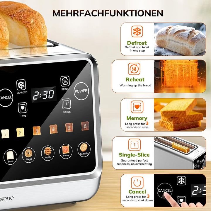 Keenstone Toaster 4 Scheiben, LED Display Touchscreen mit Memory-Funktion, Single-Slice-Technologie,