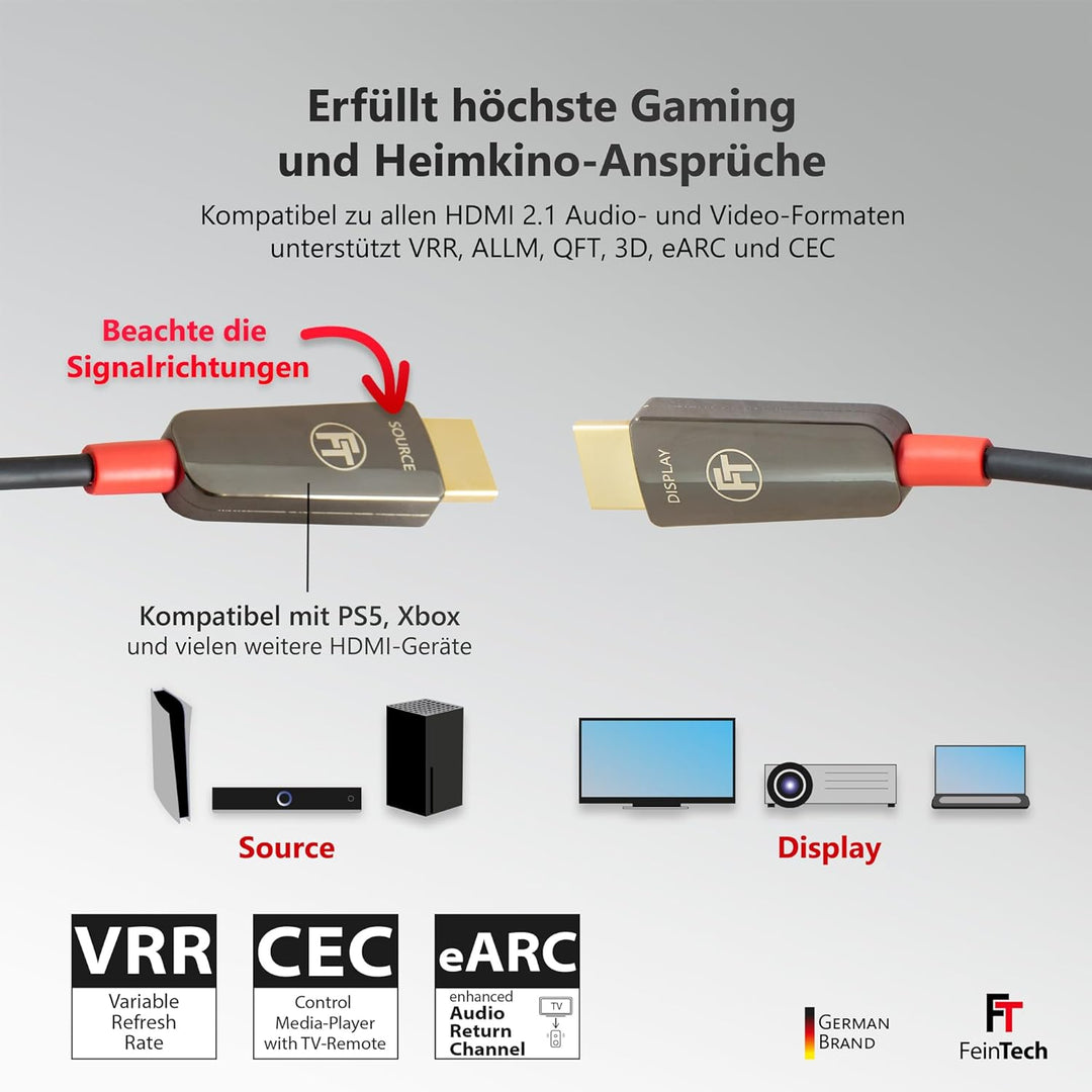 FeinTech 8K HDMI Glasfaserkabel 20m, 4K 120Hz, 1440p 144Hz für HDMI 2.1 Gaming, HDMI Kabel PS5 Xbox
