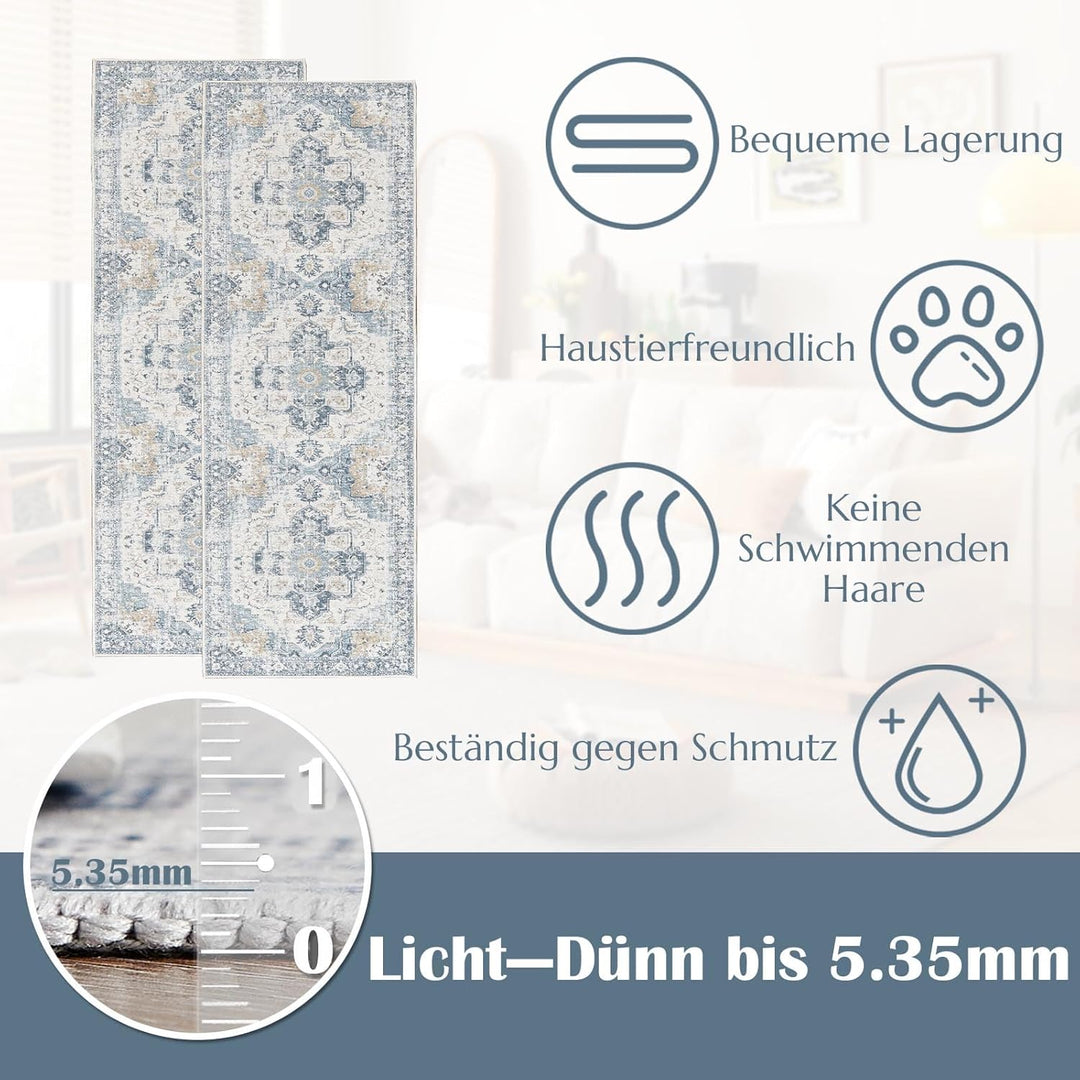 TOPICK Teppich 90x150cm Fussmatte Waschbar Fussmatte Innen Kurzflor Retro Blau Blume Orientalischer