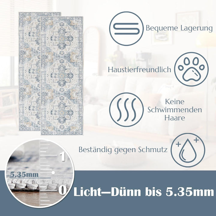 TOPICK Teppich 90x150cm Fussmatte Waschbar Fussmatte Innen Kurzflor Retro Blau Blume Orientalischer