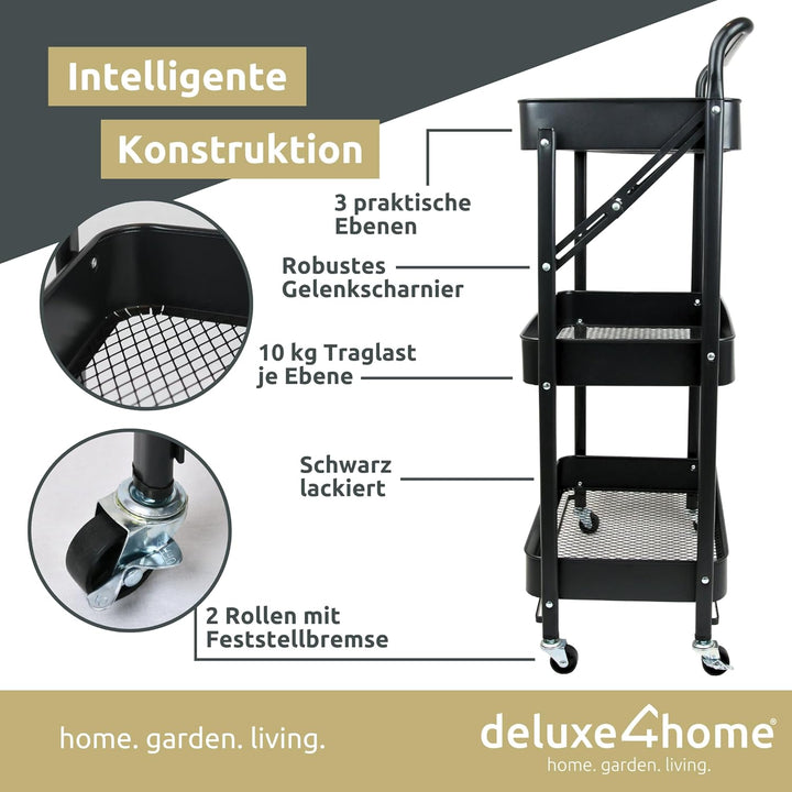 deluxe4home® Servierwagen mit 3 Ebenen Klappbar I Servierwagen Küchenwagen mit Griff I Rollen mit Br