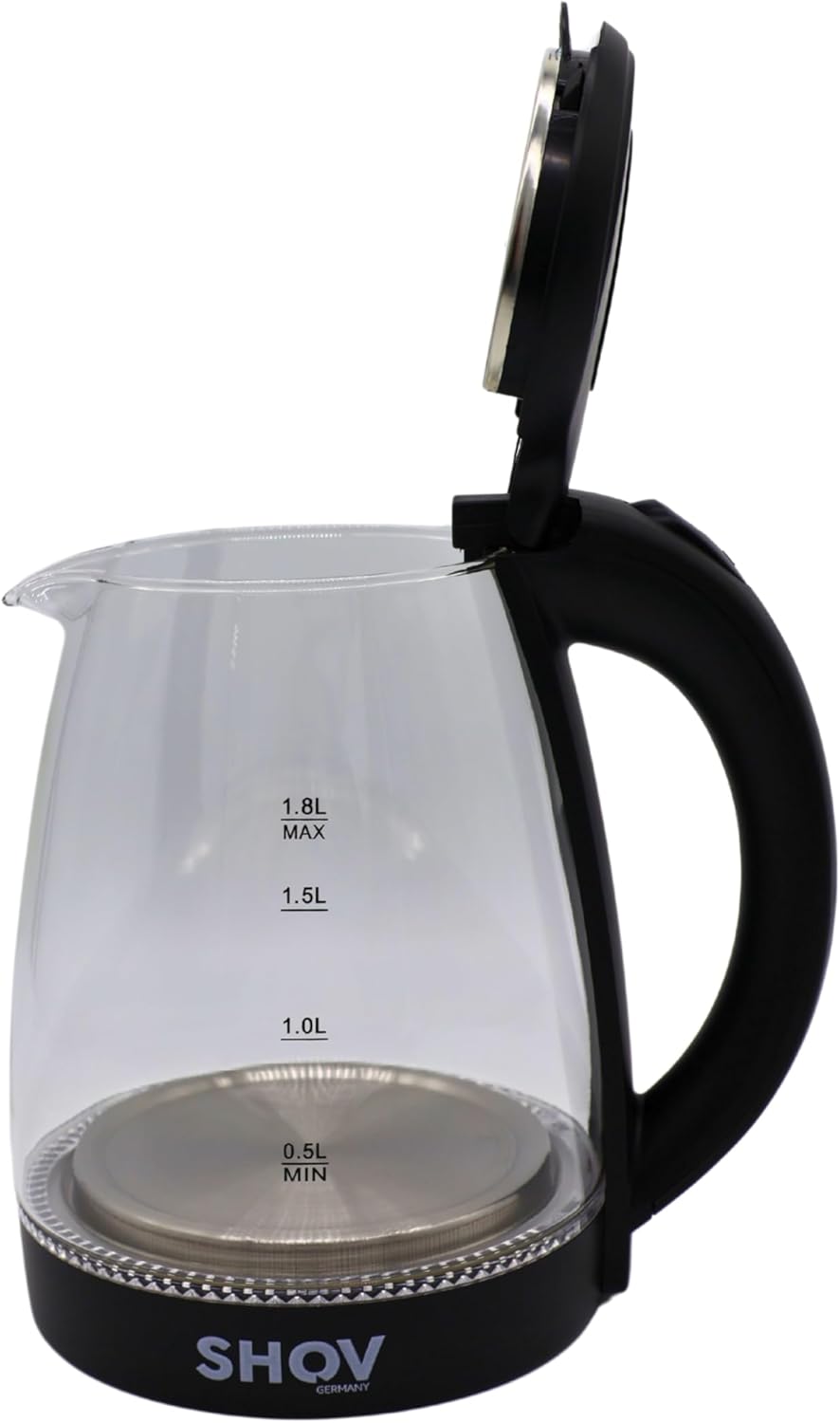 SHOV Glas Wasserkocher 1,8L – 1500W, LED-Beleuchtung, 360° Basis, Trockenlaufschutz – Schwarz