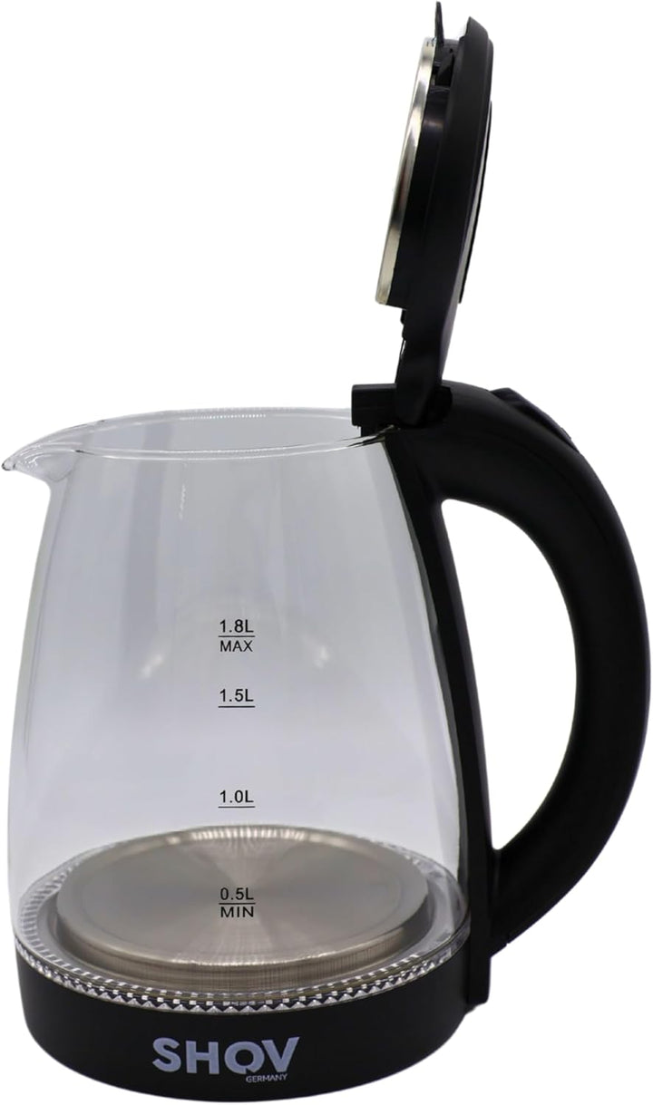 SHOV Glas Wasserkocher 1,8L – 1500W, LED-Beleuchtung, 360° Basis, Trockenlaufschutz – Schwarz