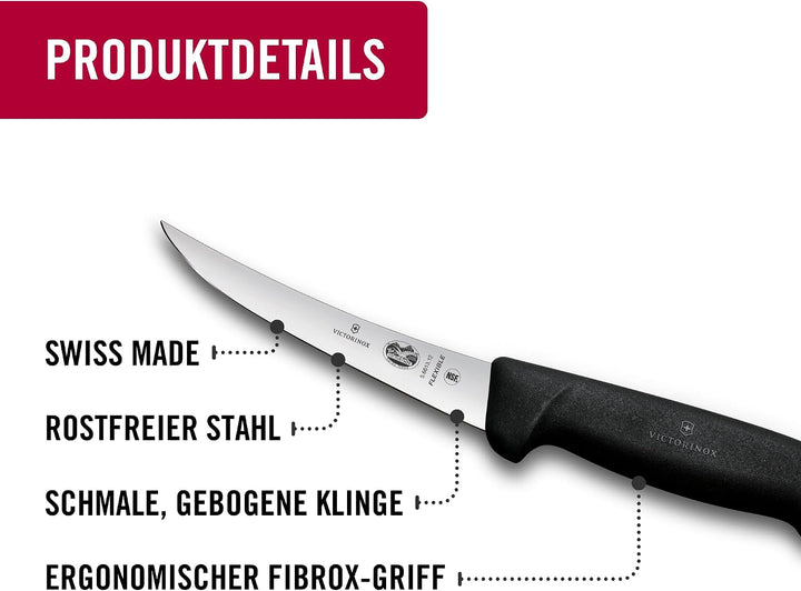 Victorinox Fibrox Ausbeinmesser, Scharfes Küchenmesser für Fleisch und Fisch, 12 cm, Gebogene Klinge
