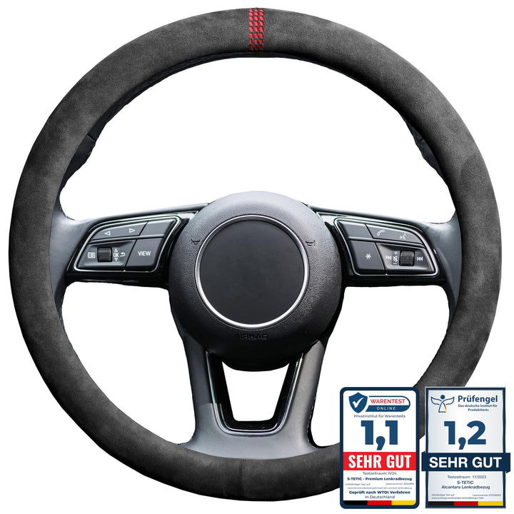 S-TETIC® Premium Lenkradbezug aus Alcantara | Racing Red Edition | Universalgrösse 36-38 cm | Lenkra