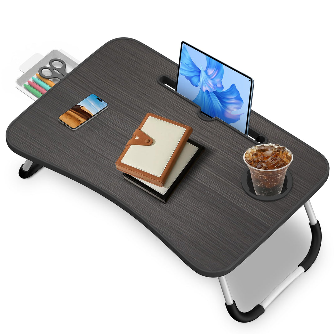 Soontrans Laptoptisch, 60 x 40 x 28 cm, Laptop Tisch mit Tablethalter, Schublade, Getränkehalter, Be